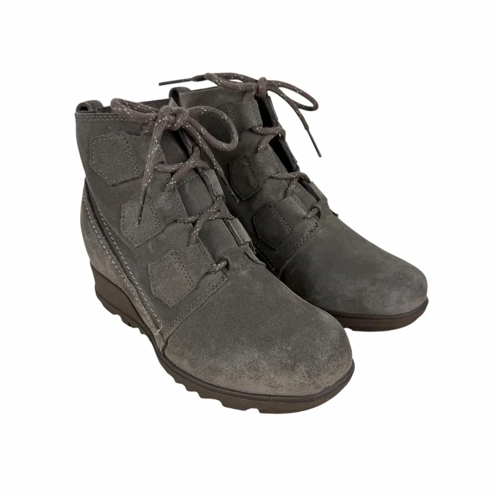Sorel Evie Suede Lace-Up Wedge Boots Grey Size 7